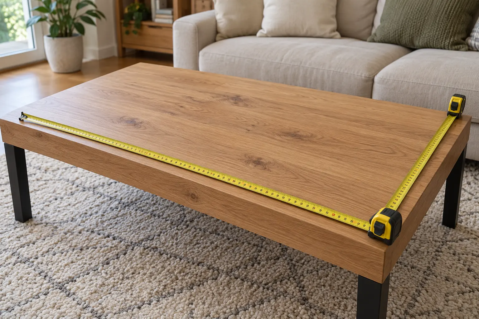 Rectangular solid oak coffee table with measuring tapes along its length and width in a living room